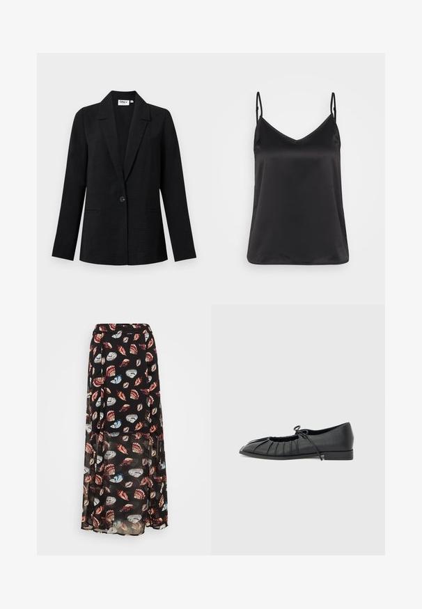 Sort tekstureret enkelknap blazer med hakkede kraver og to forlommer, vist mod en lys baggrund.; Sort satin camisole med V-hals, tynde justerbare stropper og en glat, blank overflade. Ingen mønstre eller yderligere dekorationer.; Maxi nederdel i sort gennemsigtig stof prydet med farverige skjellmønstre. Har en strækbar talje og lagdelt design for ekstra flow og bevægelse.; Sort flad sko med plisseret forstykke og bundet sløjfe på toppen, lav hæl og glat tekstur på en lysegrå baggrund.
