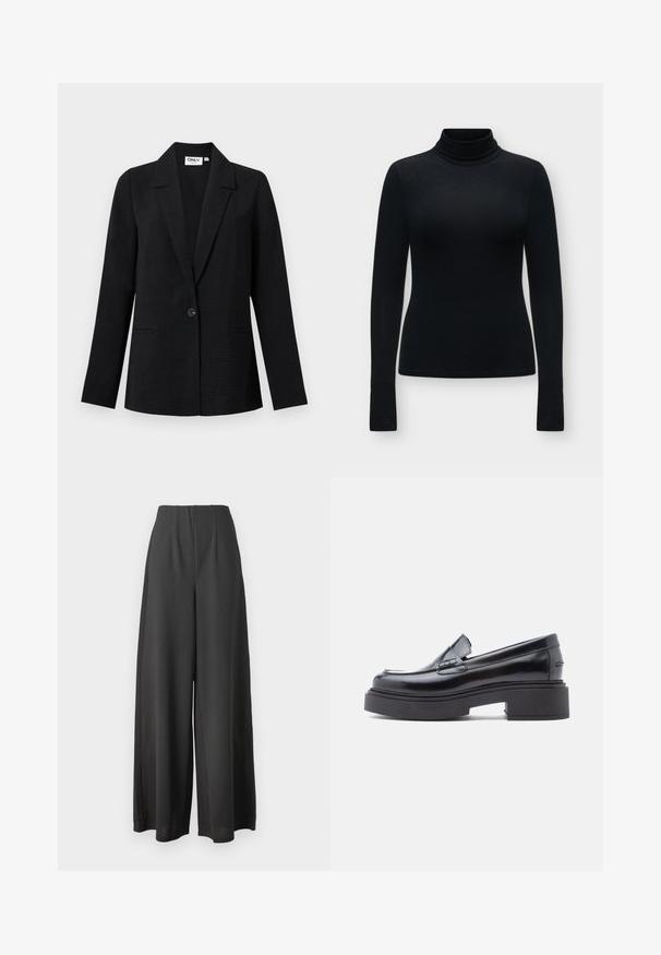 Sort tekstureret enkelknap blazer med hakkede kraver og to forlommer, vist mod en lys baggrund.; Sort langærmet tætsiddende rullekravesweater med glat tekstur og ensfarvet design, vist mod en lysegrå baggrund.; Sorte vide bukser lavet af et glat stof, med høj talje og plisseret design for ekstra struktur og dybde.; Sorte læder loafers med rund tå, der har en hævet platformssål og en enkel dekorativ rem over vamps. Glat finish.