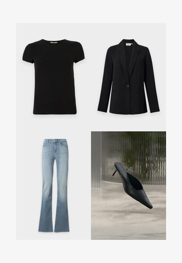 Schwarzer, strukturierter Blazer mit einem Knopf, Rauten-Revers und zwei vorderen Paspeltaschen, präsentiert vor hellem Hintergrund.; Schwarzes T-Shirt mit kurzen Ärmeln und Rundhalsausschnitt, aus glattem Baumwollstoff, mit einem schlichten Design und ohne sichtbare Muster oder Akzente.; Hellblaue Denim-Jeans mit hoher Taille und ausgestellten Beinen, die eine dezente Verfärbung an Oberschenkeln und Knien zeigen.; Schwarzer spitzer Mule-Schuh mit dünnem hohen Absatz, der über einem glatten Betonboden schwebt, mit einem unscharfen vertikal gestreiften Hintergrund.