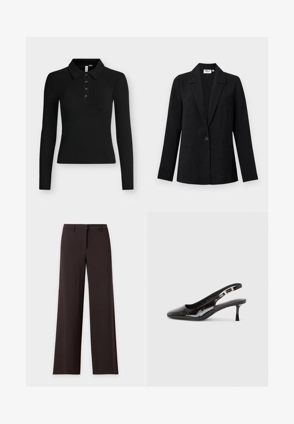Sort tekstureret enkelknap blazer med hakkede kraver og to forlommer, vist mod en lys baggrund.; Sort langærmet ribbet polo med krave og fire knapper ned langs forstykke.; Sorte bukser med vide ben, bæltestropper og skjult frontlukning, vist fladt mod en lys baggrund.; Sort slingback-sko i laklæder med spids tå, sølvspænde og mellemhøj kitten-hæl på en ensartet lys baggrund.