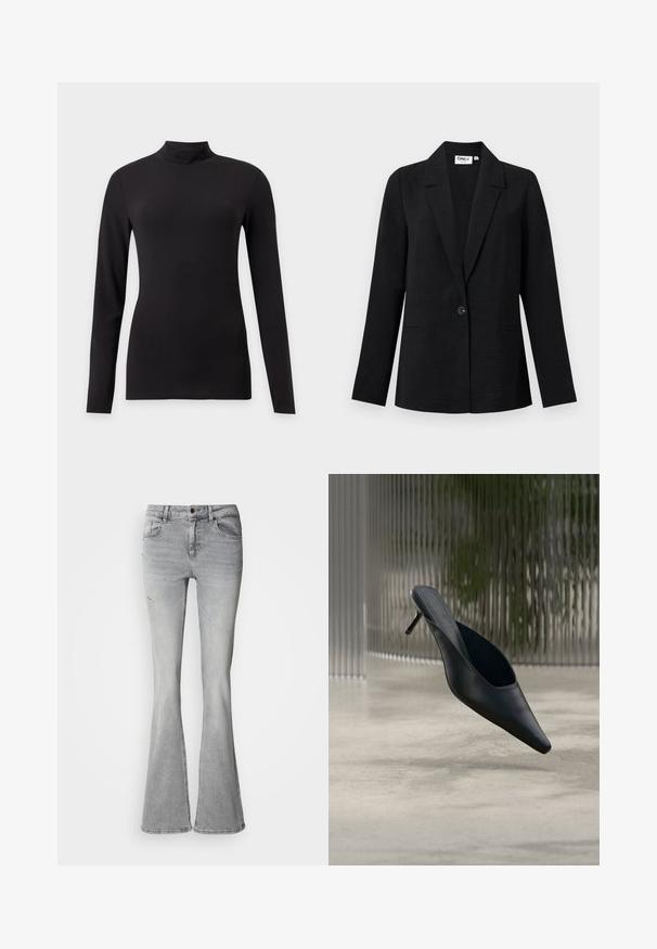 Zwart gestructureerd blazer met één knoop, met notch-revers en twee voorste paspelzakken, afgebeeld tegen een lichte achtergrond.; Zwarte aansluitende top met lange mouwen en een opstaande kraag, getoond op een effen lichtgrijze achtergrond.; Grijze flare jeans van denim, met een hoge taille, vijf zakken en versleten details aan de voorkant van de pijpen.; Zwarte mule met puntige neus en dunne hoge hak, die boven een gladde betonnen vloer zweeft, met een wazige verticale gestreepte achtergrond.