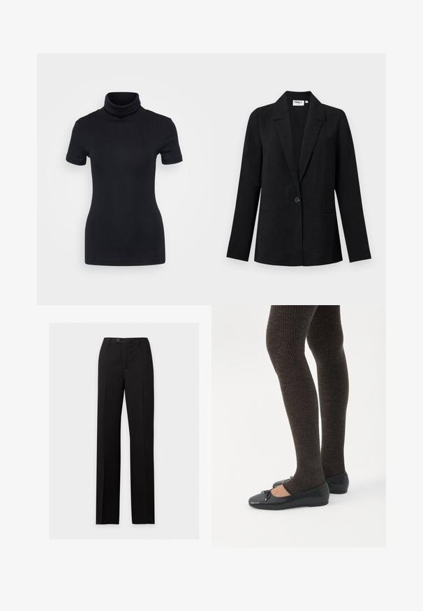 Zwart gestructureerd blazer met één knoop, met notch-revers en twee voorste paspelzakken, afgebeeld tegen een lichte achtergrond.; Zwart geribbelde coltrui, korte mouwen, slank ontwerp, zachte textuur, minimale naden en een hoge kraag.; Zwarte, op maat gemaakte, rechte broek met knoop- en ritssluiting, voorzakken en een gladde, kreukbestendige stofafwerking.; Benen met donkere geribbelde leggings gecombineerd met zwarte ballerina's met kleine strikdetails op een witte achtergrond.