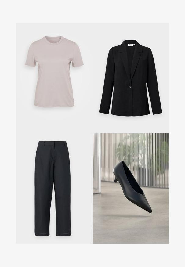 Blazer negro texturizado de un solo botón con solapas con muesca y dos bolsillos frontales de ojal, exhibido sobre un fondo claro.; Camiseta de manga corta color beige claro, hecha de algodón, con un escote redondo y un corte relajado, de textura suave y sin patrones visibles.; Pantalones negros de pierna recta con trabillas para cinturón, cremallera frontal y bolsillos laterales, mostrados sobre un fondo blanco.; Zapato negro de tacón bajo y puntera puntiaguda que flota sobre un suelo de hormigón liso con paneles verticales translúcidos de fondo.