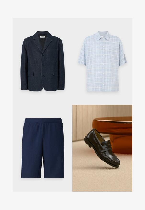 Donkerblauwe op maat gemaakte blazer met drie knopen, notch-revers, borstzak en twee voorzakken met klep, afgebeeld op een witte achtergrond.; Lichtblauw-wit geruit overhemd met korte mouwen, knopen aan de voorkant, een borstzak en een klassieke kraag.; Marineblauwe sportshorts met een geribbelde textuur, een elastische tailleband en een rechte snit, ontworpen voor comfort en bewegingsvrijheid.; Glanzende zwarte leren loafer met een banddetail, geplaatst op een beige tapijt naast een ronde bruine salontafel in een zacht verlichte kamer.