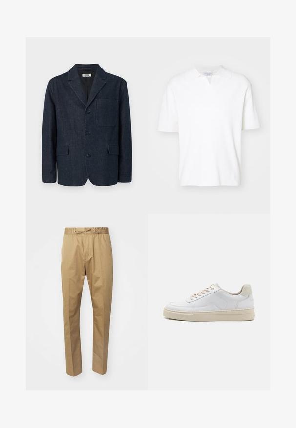 Mørkeblå skræddersyet blazer med tre knapper, notch revers, brystlomme og to forlommer med klap, vist på en hvid baggrund.; Hvid kortærmet polo skjorte med krave og en subtil v-sprække. Fremstillet af blødt stof med en glat tekstur.; Beige bukser med elastisk talje og justerbar snøre. Glat tekstur, lige ben og minimalistisk design.; Hvide sneakers med en glat læderoverdel, beige snørebånd og en tekstureret beige ruskindsheel-tab. Hævet sål for ekstra højde.