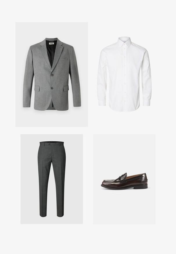 DRYKORN YAMES - Americana - grey; Camisa blanca de manga larga con cuello puntiagudo, botones visibles en la parte delantera y puños abotonados.; Pantalones formales ajustados de color gris oscuro con cierre de botón y trabillas para cinturón, mostrados sobre un fondo gris claro.; Mocasines de cuero marrón con un acabado brillante, un diseño cosido en la punta y un tacón bajo. Detalle de marca en relieve en el lateral.