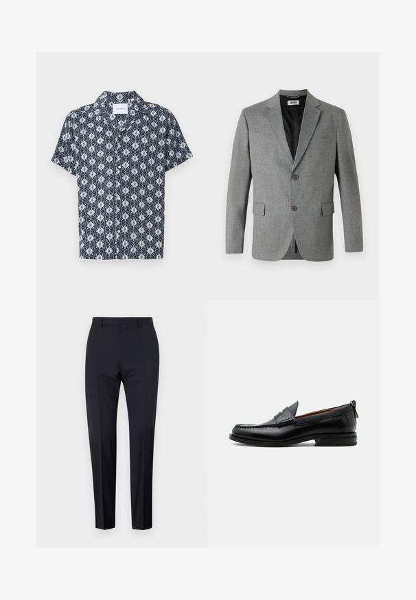 DRYKORN YAMES - Sakko - grey; Kurzarmhemd aus navyblauem Stoff mit einem weißen und hellblauen aufwendigen Muster, mit Knopfverschluss und Kragen.; Marineblaue maßgeschneiderte Hosen, mit flachem Frontschnitt, slim fit, mit Gürtelschlaufen und Seitentaschen. Glattes Material mit einem klaren Finish, ohne sichtbare Muster oder Akzente.; Schwarzer Leder-Herrenschuh mit Mokassinnaht, Penny-Riemen, strukturiertem Kragen und niedrigem gestapeltem Absatz auf weißem Hintergrund.