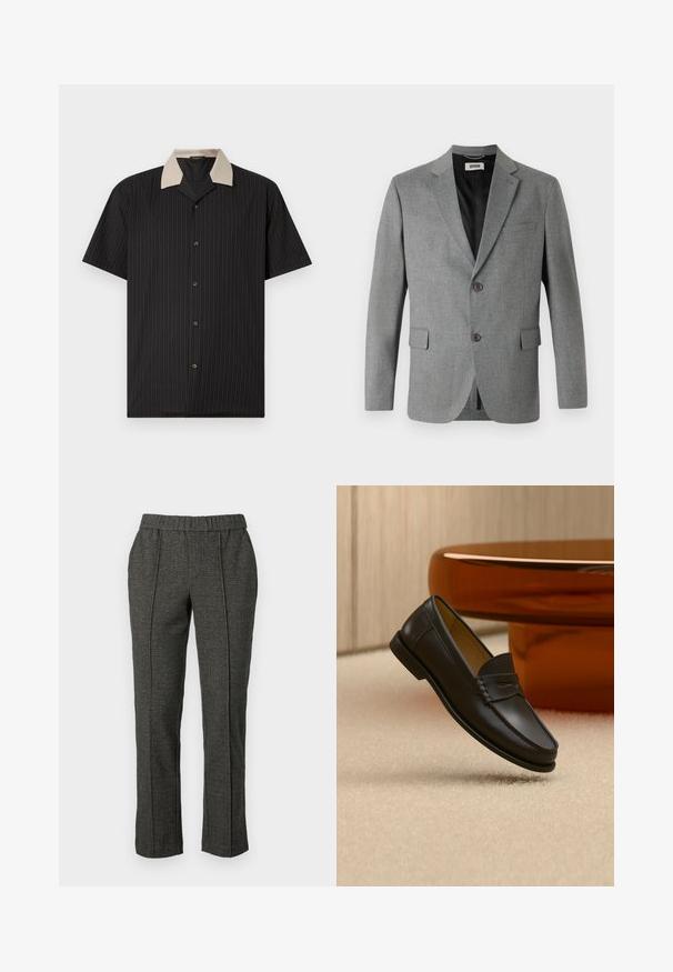 DRYKORN YAMES - Americana - grey; Camisa de manga corta en negro con rayas verticales, que presenta un collar beige y botones frontales. Está hecha de tejido ligero con una textura suave.; Pantalones grises a medida con una tela texturizada, que cuentan con una cintura elástica, piernas rectas y detalles de pliegues en la parte delantera.; Zapato mocasín de cuero negro suspendido sobre una alfombra beige con muebles modernos de color ámbar en el fondo.