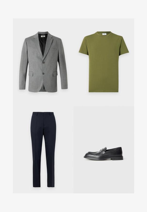 DRYKORN YAMES - Americana - grey; Camiseta de manga corta de color verde oliva, hecha de tela suave y lisa. Cuello redondo clásico, líneas limpias y sin patrones ni detalles visibles.; Pantalones de vestir para hombre en azul marino, ajustados, con un sutil patrón de cuadros, pasadores para cinturón y pliegue frontal, exhibidos de frente sobre fondo blanco.; Mocasines de cuero negro con acabado texturizado, que cuentan con una correa decorativa en la parte delantera y punta redondeada. Suela de goma para mayor durabilidad.