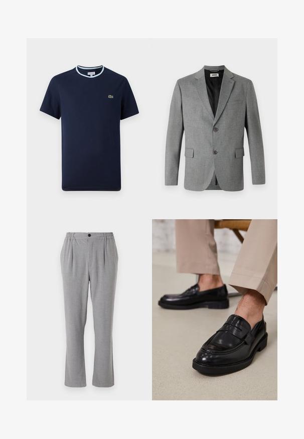 DRYKORN YAMES - Pikkutakki - grey; T-paita tummansinisestä puuvillasta, vaaleansinisellä ribsireunalla. Rinnassa pieni vihreä krokotiililogot. Lyhythihainen malli.; Harmaat housut, joissa on teksturoitu kangas, varustettu nappisulkimella ja joustavalla vyötäröllä. Suorat lahkeet, joissa on sivuvarsia.; Musta nahkakengät, joissa on sileä pinta, koristetasku ja kontrastisomistus, yhdistettynä vaaleanbeigeihin housuihin.