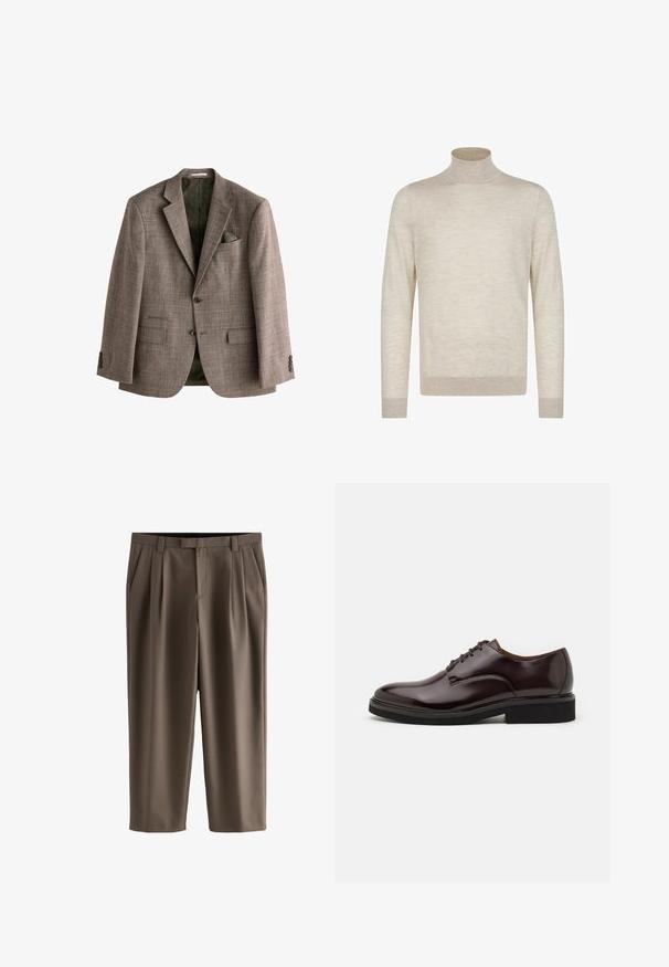 Bruine geruite blazer van gestructureerde stof, met een groene patroonvoering en een pochet. Twee voorzakken en knoopsluitingen.; Lichtbeige lange mouwen turtleneck trui met geribbelde boorden en zoom, gepresenteerd op een witte achtergrond.; Bruine korte broek met riemlussen, zijzakken, een voorrits en plooien op beide benen.; Bruine leren Oxford schoen met een glanzende afwerking, ronde neus, vetersluiting en een stevige zwarte rubberen zool. Naaddetails op de bovenkant.