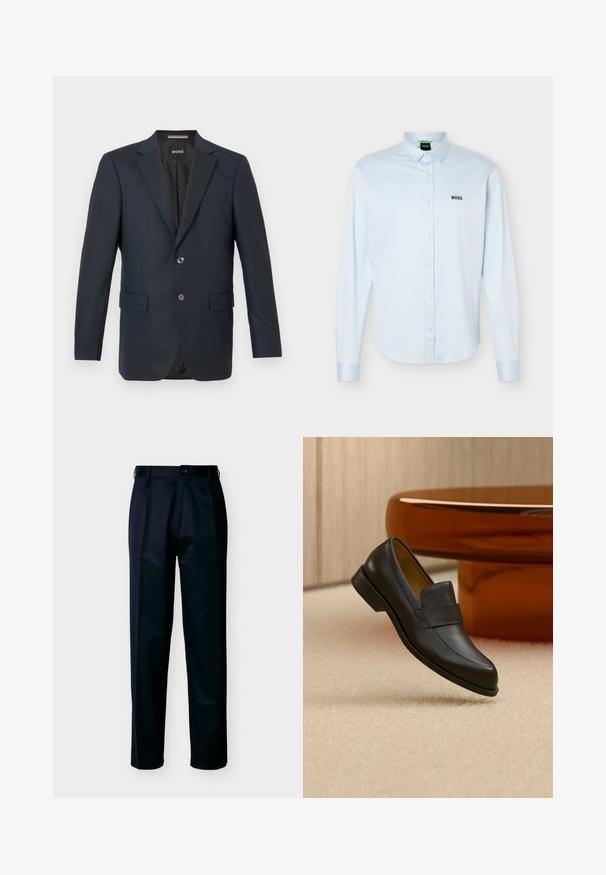 Blazer marine en tissu texturé, doté d'une fermeture à deux boutons, de revers crantés et de deux poches avant avec un motif intérieur subtil.; Chemise bleu clair à manches longues, boutonnée avec col, logo noir "BOSS" sur le côté gauche de la poitrine, et poignets avec boutons.; Pantalon homme droit noir avec fermeture à bouton et zip, passants pour ceinture et poches avant, présenté sur fond blanc.; Mocassin en cuir noir à talon bas flottant au-dessus d'un sol moquetté beige près d'une table ronde marron.