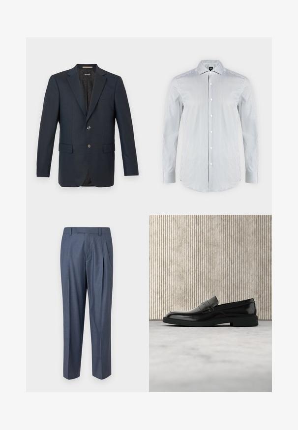 Blazer marine en tissu texturé, doté d'une fermeture à deux boutons, de revers crantés et de deux poches avant avec un motif intérieur subtil.; Chemise blanche avec fines rayures verticales noires, manches longues, fermeture boutonnée devant et col pointu.; Pantalon bleu plissé en tissu lisse et léger. Caractérisé par une coupe ajustée, des passants pour ceinture, et un design épuré et minimaliste.; Mocassin en cuir noir poli flottant au-dessus d'un tapis beige avec un mobilier translucide orange en arrière-plan.