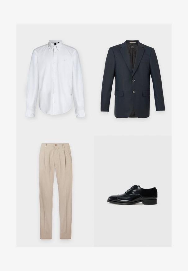 Blazer marine en tissu texturé, doté d'une fermeture à deux boutons, de revers crantés et de deux poches avant avec un motif intérieur subtil.; Chemise blanche à manches longues avec boutons, col boutonné et logo discret sur la poitrine, présentée sur un fond uni.; Pantalon beige en tissu léger, doté d'une texture lisse, de quatre plis à l'avant et d'une fermeture à bouton à la taille.; Chaussure de ville en cuir noir avec une finition polie, bout rond, design à lacets et un petit talon empilé, présentant un détail de couture subtil.