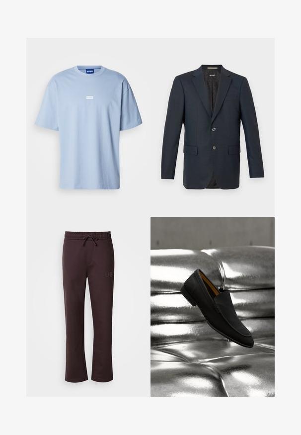 Marineblazer lavet af tekstureret stof, med en to-knaps lukning, klassiske reverskraver og to forlommer med et subtilt indvendigt mønster.; Lyseblå kortærmet t-shirt lavet af bomuld, med rund hals og et hvidt rektangulært logo i midten foran.; Mørkebrun joggingbukser med elastisk taljebånd, snøre, sidelommer og "HUGO" logo trykt på venstre ben. Blød tekstur.; Sort lædermokasin, der svæver over en skinnende, metallisk sølv tuftet læderoverflade.