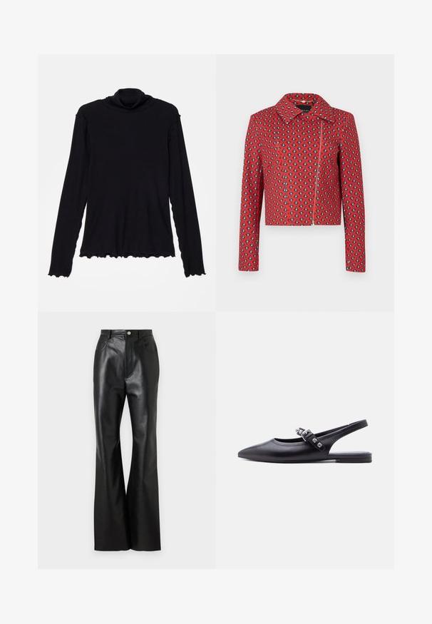 Veste rouge à motifs avec un design en diamant, col, manches longues et fermeture zippée à l'avant. Texture de tissu lisse.; Rodebjer CISNE - T-shirt à manches longues - black; Pantalons évasés en cuir noir avec une finition soignée, poches avant et couture contrastante. Comprend une fermeture à bouton et une taille structurée.; Mocassins plats à bouts pointus en cuir noir avec bride arrière et boucle décorative ornée de trois pierres précieuses transparentes.