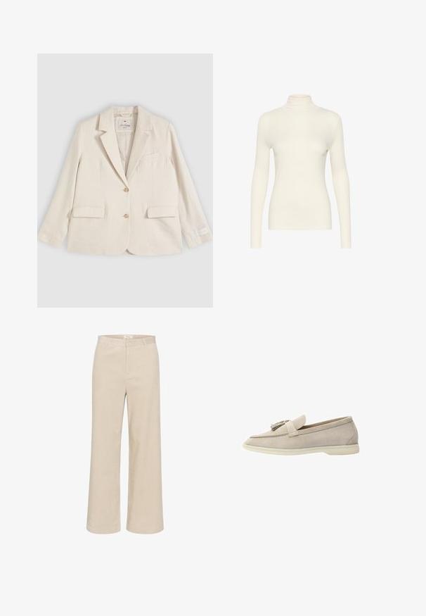 Crèmekleurig enkelrijks colbert met inkeping revers, twee klepzakken aan de voorkant, een borstzak en twee knopen aan de voorkant.; Witte lange mouwen turtleneck top, gemaakt van een gladde stof met een aansluitende pasvorm, met een hoge hals en een minimalistisch ontwerp.; Beige wijde corduroy broek met een subtiele ribbelstructuur, riemlussen, voorrits en twee zijzakken.; Beige suède instapschoenen met een kwastaccent, met een gladde textuur, ronde neus en een rubberen zool voor flexibiliteit.