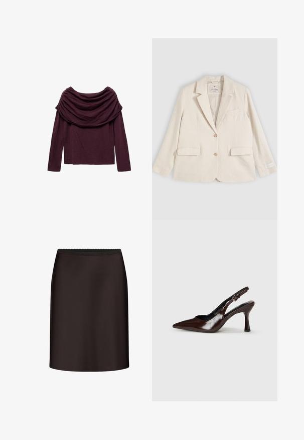 Blazer crème à simple boutonnage avec revers à encoche, deux poches avant à rabat, une poche poitrine et deux boutons sur le devant.; T-shirt à manches longues en violet profond, avec un col drapé et une texture douce. Le design est décontracté et légèrement ample.; Jupe droite noire longueur genou avec taille élastique et tissu lisse, présentée sur fond blanc.; Talons slingback en cuir verni brun avec un bout pointu, un talon fin, et une sangle réglable avec une petite boucle.