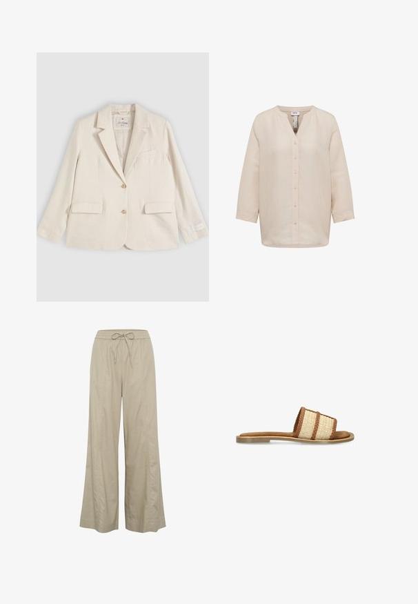 Blazer crème à simple boutonnage avec revers à encoche, deux poches avant à rabat, une poche poitrine et deux boutons sur le devant.; Chemise en lin beige à manches longues, col rond sans col, fermeture boutonnée à l'avant et coupe décontractée.; Pantalons beige à jambes larges en tissu léger, dotés d'une taille élastique avec cordon de serrage et de poches latérales. Texture lisse, design minimaliste.; Sandale plate à enfiler avec une bride tissée beige et marron et une semelle couleur tan sur fond blanc.