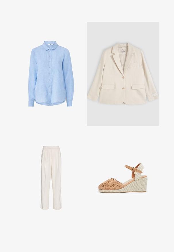 Blazer crème à simple boutonnage avec revers à encoche, deux poches avant à rabat, une poche poitrine et deux boutons sur le devant.; Chemise en lin bleu clair avec un boutonnage à l'avant, col pointu, manches longues et ourlet arrondi. Présente un tissu doux et texturé.; Pantalon blanc taille haute sur mesure avec plis, passants de ceinture et jambes droites, présenté sur un fond blanc uni.; Sandale compensée avec un avant tissé beige, bride de cheville crème texturée avec boucle, et un talon compensé de hauteur moyenne enveloppé de corde.