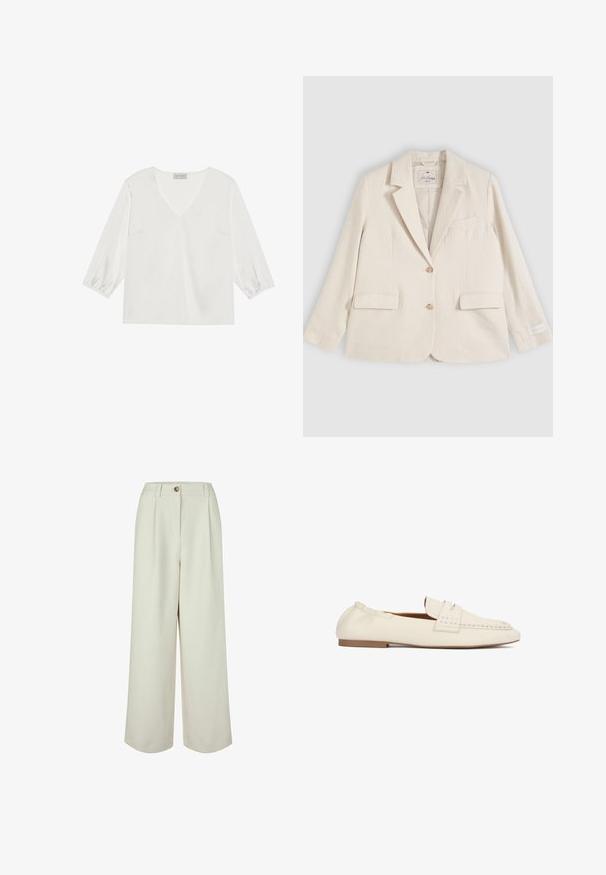 Blazer entallado de un solo pecho color crema con solapas con muesca, dos bolsillos delanteros con solapa, bolsillo en el pecho y dos botones al frente.; Blusa blanca de manga larga con un profundo escote en V, material suave similar al satén y puños de manga fruncidos para un ajuste relajado.; Pantalones anchos de corte alto en color crema, con trabillas para cinturón, cierre de botón y pliegues delanteros, diseñados para un ajuste relajado.; Mocasín de cuero color crema con detalles cosidos, suela plana y diseño sin cordones.