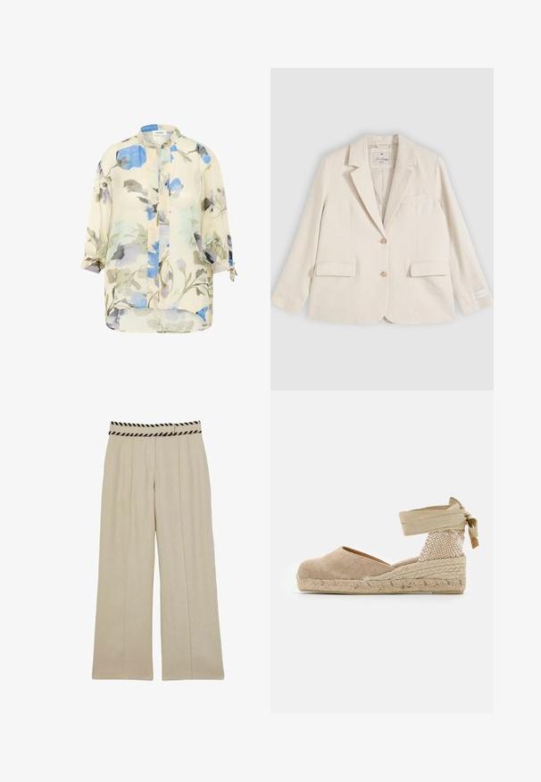 Kremfarvet enkeltknappet blazer med hakkede revers, to frontlommer med klap, brystlomme og to knapper foran.; Lettet, gennemsigtig bluse med blomstermønster i nuancer af blå og grå på en cremefarvet baggrund. Har lange ærmer med oprullede manchetter og en ståkrave.; Beige vide benbukser med lodrette plisseringer og en talje med sorte striber. Lavet af letvægtsstof, velegnet til både hverdag og formelle anledninger.; Beige espadrille med en overdækning af lærred, tekstureret vævet hæl og flettet jutesål; har en bundet ankelrem for en sikker pasform.