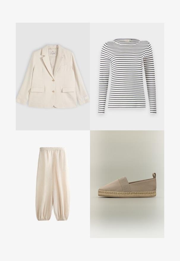 Blazer crème à simple boutonnage avec revers à encoche, deux poches avant à rabat, une poche poitrine et deux boutons sur le devant.; Chemise à manches longues rayée en tissu doux, avec des rayures horizontales bleu marine et blanches, un col rond et une coupe ajustée.; Pantalon beige à coupe ample avec fines rayures verticales, taille élastique et poignets élastiques aux chevilles.; Espadrille beige à enfiler avec une semelle en jute tissé, bande élastique sur le dessus avec le nom de la marque embossé, et une languette en tissu au talon.