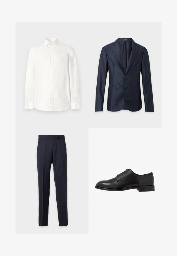 Enkeltknappet mørkeblå blazer med to knapper, notch revers og lange ærmer, vist mod en lys baggrund.; Hvid langærmet skjorte lavet af glat stof. Har en spids krave, frontlukning med knapper og en rundet kant. Ingen synlige mønstre.; Marineblå skræddersyede bukser med bæltestropper, forreste pressefold og lynlås, vist mod en ensfarvet lys baggrund.; Sorte lædersko med en glat overflade, rund tå, seks snørrehuller og en lav stablet hæl. Enkel, klassisk design.