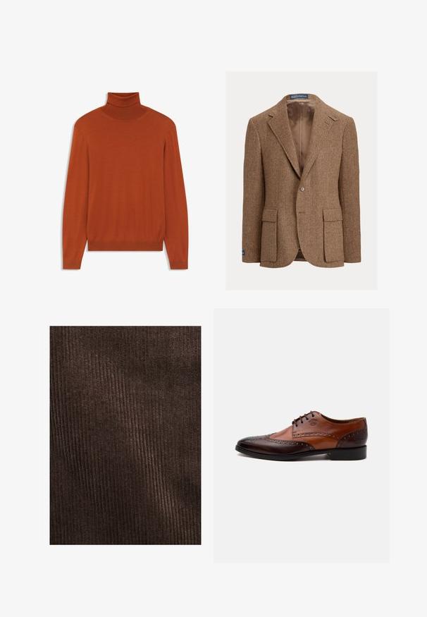 Brun blazer i fiskebenmønster med to-knapslukning, hakrivningskraver og sidelommer med lapper. Foret indvendigt med en glat tekstur.; Rustrød turtleneck sweater lavet af blødt stof. Tæt siddende design med lange ærmer samt ribkant ved halsen og i kanten. Glat tekstur over hele sweateren.; Brun kordfløjlstof med lodrette ribber, blød tekstur og en dyb, rig farve, velegnet til polstring eller tøj.; Tofarvet brun læder herreselskabssko med brogue-detaljer og snørelukning set fra siden på hvid baggrund.