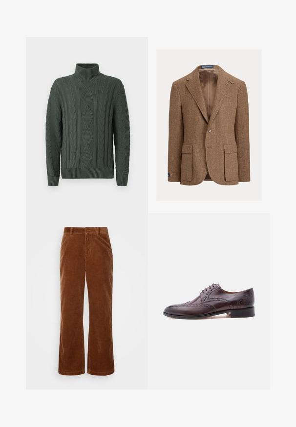 Brauner Herringbone-Blazer mit Zwei-Knopf-Verschluss, Kerbkragen und seitlichen Pattentaschen. Gefüttertes Innenfutter mit glatter Textur.; Dunkelgrüner Strickpullover mit Rollkragen, versehen mit Diamant- und Zopfmuster, sowie gerippten Bündchen und Saum.; Braune Cordhosen mit einem weit geschnittenen Design, das eine vertikale Rippstruktur, einen Knopfverschluss und standardmäßige Gürtelschlaufen aufweist.; Brauner Lederschuh mit Brogue-Details, abgerundeter Spitze, sechs Ösen und niedrigem, gestapeltem Absatz. Glatte Oberfläche mit kontrastierenden Akzenten.