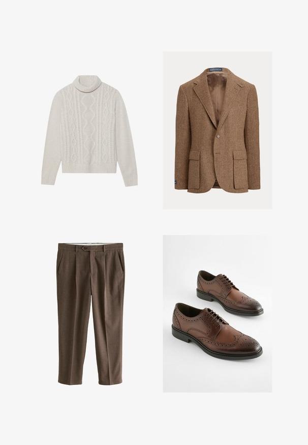 Brun blazer i fiskebenmønster med to-knapslukning, hakrivningskraver og sidelommer med lapper. Foret indvendigt med en glat tekstur.; Cremefarvet kabelstrikket sweater med høj ribkant, prydet med et struktureret mønster samt ribbede manchetter og kant. Blødt uldblend materiale.; Brune teksturerede skræddersyede bukser med knaplukning, forreste plisseringer og sidelommer, lagt fladt på en hvid baggrund.; Brune læder derby sko med brogue-design, spidse tæer og flad gummisål. Intrikate perforeringer langs kanterne.