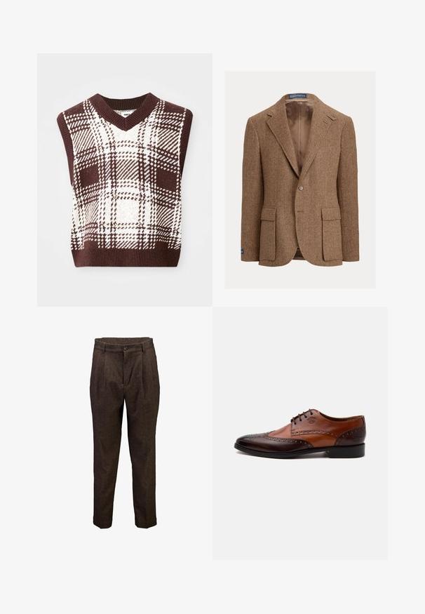 Brauner Herringbone-Blazer mit Zwei-Knopf-Verschluss, Kerbkragen und seitlichen Pattentaschen. Gefüttertes Innenfutter mit glatter Textur.; Braun-beige karierter, gestrickter ärmelloser Pullover mit V-Ausschnitt und geripptem Saum, der verschiedene Schottenmuster und Texturen aufweist.; Braune Herrenwollhose mit vorderen Falten, Knopfverschluss und Gürtelschlaufen, gezeigt vor weißem Hintergrund.; Zweifarbiger brauner Ledermänner Businessschuh mit Brogue-Details und Schnürverschluss, seitlich auf weißem Hintergrund angezeigt.