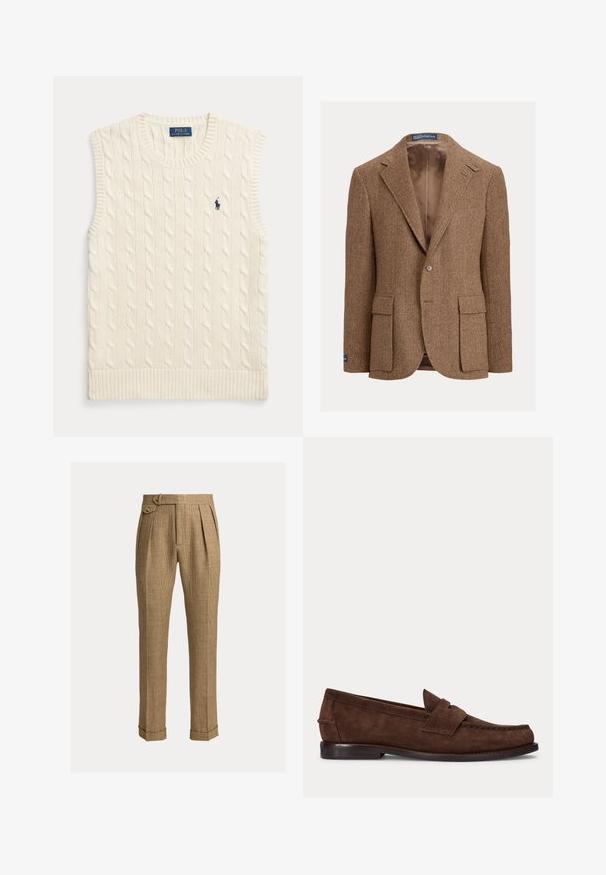 Brun blazer i fiskebenmønster med to-knapslukning, hakrivningskraver og sidelommer med lapper. Foret indvendigt med en glat tekstur.; Kremfarvet kabelstrikket ærmeløs sweatervest med ribkanter og lille mørkeblå Polo Ralph Lauren-logo på venstre bryst.; Brune ternede bukser med høj talje, plisseringer, sidelommer, knaplukket sidelukning, manchetter og skræddersyede lige ben.; Brun ruskind penny loafer med lav hæl og synlig syning langs tåen, siden og bagpå, vist på ensartet lys baggrund.