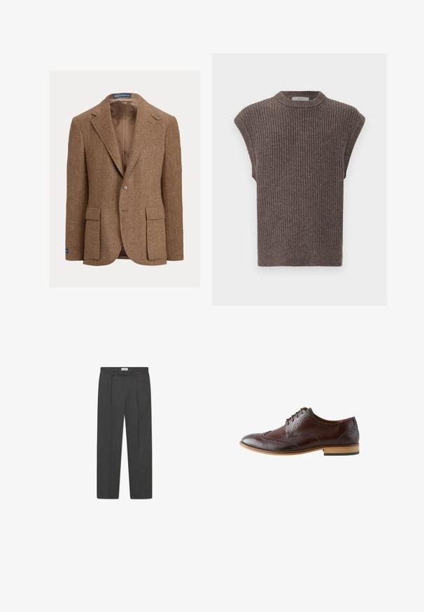 Brauner Herringbone-Blazer mit Zwei-Knopf-Verschluss, Kerbkragen und seitlichen Pattentaschen. Gefüttertes Innenfutter mit glatter Textur.; Braun gestricktes ärmelloses Top mit gerippter Textur, hohem Ausschnitt und seitlichen Schlitzen. Verfügt über einen engen Saum und weichen Stoff.; Graue maßgeschneiderte Hose mit dezentem Karomuster, strukturiertem Gewebe und vorderen Falten, ausgestattet mit einem Bund mit Gürtelschlaufen.; Dunkelbrauner Leder-Brogue-Herrenschuh mit Flügelspitzendetails, geschlossener Schnürung und heller Holzsohle, von der Außenseite gesehen.