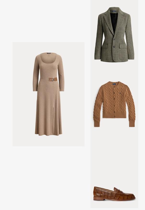 Tailored visgraat blazer in zwart en wit met ingesneden revers, twee knopen en voorvakken met klep, gevoerd met zwarte stof.; Bruine kabelgebreide cardigan met ronde hals, knoopsluiting, lange mouwen, geribde boorden en zoom, en een klein geborduurd logo op de borst.; Bruine lange mouwen jurk met een vierkante halslijn en een taillering met een metalen gesp. De stof is zacht met een lichte glans en heeft een zijsplits.; Bruine leren loafer met krokodillenpatroon, lage houten hak en een riem over de bovenkant, getoond tegen een effen achtergrond.