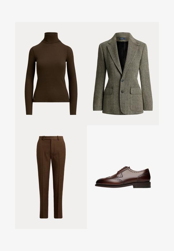 Tailored visgraat blazer in zwart en wit met ingesneden revers, twee knopen en voorvakken met klep, gevoerd met zwarte stof.; Donkerbruine, geribde, coltrui met lange mouwen, getailleerd silhouet en klein logo vlak bij de onderste zoom aan de voorkant links.; Bruin geruite op maat gemaakte broek met riemlussen en een knoopsluiting aan de voorkant, getoond tegen een effen lichte achtergrond.; Bruine leren nette schoen met brogue-details, ronde neus en vetersluiting met vijf oogjes, rustend op een platte, gestructureerde zool.