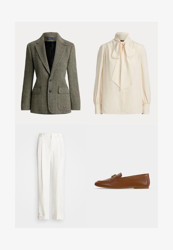 Skræddersyet fiskebenet blazer i sort og hvid med notched revers, to knapper og frontlommer med klap, foret med sort stof.; Langærmet cremefarvet bluse med høj krave og en stor bundet sløjfe ved halsen, med rynkede skuldre og manchetærmer.; Hvide skræddertrousers med to frontplisseringer, lige snit og opfoldede kanter. Fremstillet af glat stof og har et klassisk design.; Brun læderloafer med gyldent spænde og lav flad hæl, vist i sideprofil på en ensfarvet lys baggrund.