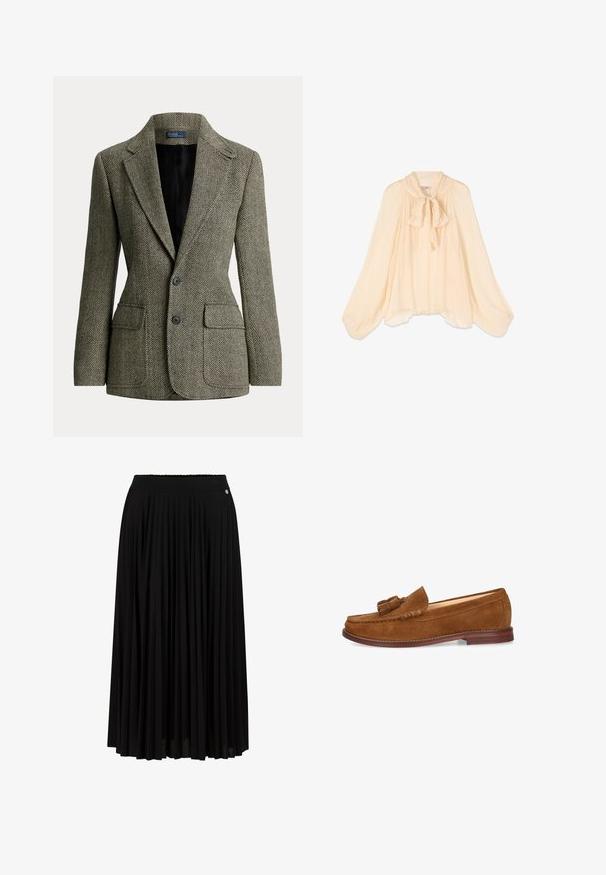 Blazer à chevrons sur mesure noir et blanc avec revers crantés, deux boutons et poches avant à rabat, doublé en tissu noir.; Blouse translucide de couleur crème avec manches longues bouffantes et un nœud noué au col, tissu fluide et ourlet légèrement irrégulier.; Jupe maxi plissée noire avec une taille texturée et un subtil détail métallique. Fabriquée en tissu léger pour faciliter les mouvements.; Mocassin à glands en daim brun avec bout arrondi, petit talon en bois et surpiqûres décoratives le long des bords.