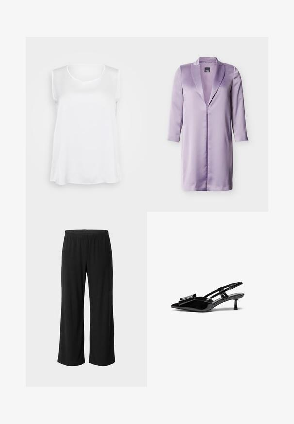 Lilla langærmet satinblazer med hakkede revers, forstykker og ingen synlige knapper, vist mod en hvid baggrund.; Hvid ærmeløs top med en glat tekstur, v-hals og afslappet pasform. Lidt buet kant og sideslids for forbedret bevægelse.; Sorte bukser med brede ben og elastik i taljen, glat stof og lige kant, vist fladt på en neutral baggrund.; Sorte patenterede læderslingbacks med spids tå, en sløjfedetalje foran og en lille stilettohæle. Remmene har justerbare spænder.