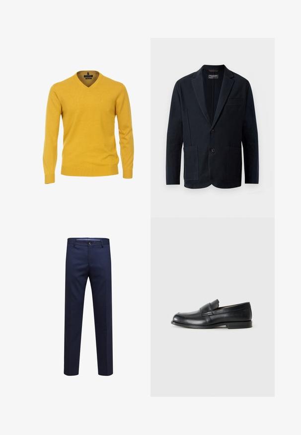 Zwart herenblazer met notch-lapels, twee knopen, twee voorzakken met kleppen en een borstzak, gepresenteerd op een witte achtergrond.; Geel gebreid sweater met een V-hals ontwerp, lange mouwen en geribde boorden en zoom. Bevat een subtiele logo op de borst.; Donkerblauwe formele broek met riemlussen, knoopsluiting en rechte pijpen, getoond tegen een eenvoudige witte achtergrond.; Zwarte leren instappers met een ronde neus, gestikte details en een vlakke rubberen zool. Heeft een brede band over de wreef.
