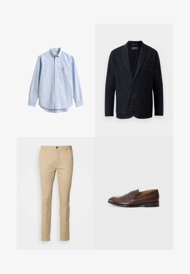 Herre sort blazer med næseklapper, to knapper, to forreste klaplommer og en brystlomme, præsenteret på en hvid baggrund.; Lyseblå bomuldsskjorte med knapper. Har en brystlomme, lange ærmer og en klassisk krave. Glat tekstur med afrundet kant.; Beige chinos med slim fit, lavet af bomuld. Har en knaplukning, bæltestropper og diskrete syninger på lommerne.; JOOP! KLEITOS - Loafers - brown