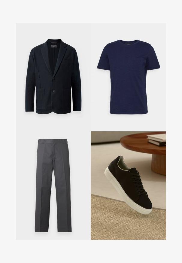 Zwart herenblazer met notch-lapels, twee knopen, twee voorzakken met kleppen en een borstzak, gepresenteerd op een witte achtergrond.; Marineblauwe katoenen T-shirt met korte mouwen, ronde halslijn en een klein borstzakje. Zachte textuur met een eenvoudig ontwerp.; Donkergrijze broek met rechte pijpen, een platte voorkant en geen zichtbare zakken, afgebeeld op een effen witte achtergrond.; Zwarte sneaker met witte zool die boven een beige gestructureerd tapijt zweeft, nabij een ronde houten tafel met gestapelde boeken.