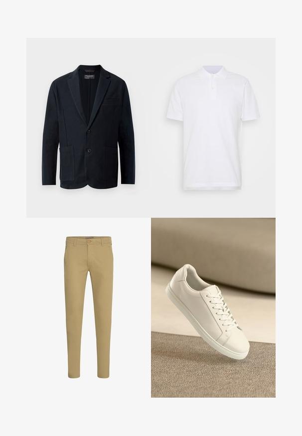 Herre sort blazer med næseklapper, to knapper, to forreste klaplommer og en brystlomme, præsenteret på en hvid baggrund.; Hvid polo t-shirt med klassisk krave, tre-knaps stolpe og korte ærmer. Fremstillet af glat bomuldsstof med et ensfarvet design.; Slanke beige chinos med knap- og lynlåslukning, forlommer med skrå åbning og bæltestropper, vist på hvid baggrund.; Hvide lædersneakers med hvide snørebånd, præsenteret på en beige tekstureret overflade og med en blødt uskarp baggrund.