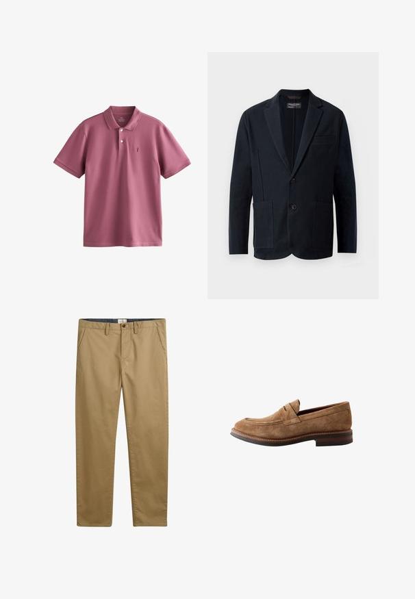 Blazer negro de hombre con solapas de muesca, dos botones, dos bolsillos frontales con parche y un bolsillo en el pecho, exhibido sobre un fondo blanco.; Camiseta tipo polo en tono malva apagado, hecha de algodón ligero. Cuenta con un cuello clásico, tres botones, mangas cortas y un pequeño logo bordado.; Pantalones de algodón color caqui con corte recto, que cuentan con bolsillos laterales, cierre de botón y una tela texturizada.; Mocasín penny para hombre en ante marrón con detalles cosidos y tacón de cuero apilado, mostrado de perfil sobre fondo blanco.