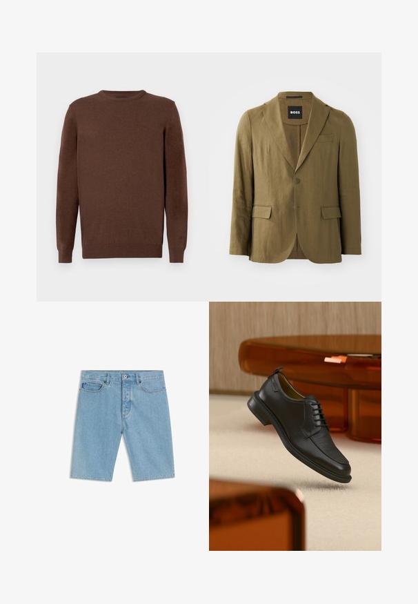 Blazer vert olive en tissu texturé, avec un revers cranté, deux boutons et deux poches avant ; coupe ajustée avec une fente seule.; Pull en laine marron à manches longues avec col rond, doté de poignets et d'un ourlet côtelés, avec un petit logo brodé discret sur la poitrine gauche.; Short en denim bleu clair avec bouton et fermeture éclair à l'avant, passants pour ceinture, poches avant, et une petite étiquette en tissu bleu sur la poche droite.; Chaussure habillée noire en cuir à lacets avec devant texturé, flottant au-dessus d'un tapis beige dans une pièce moderne avec des meubles teintés d'ambre.