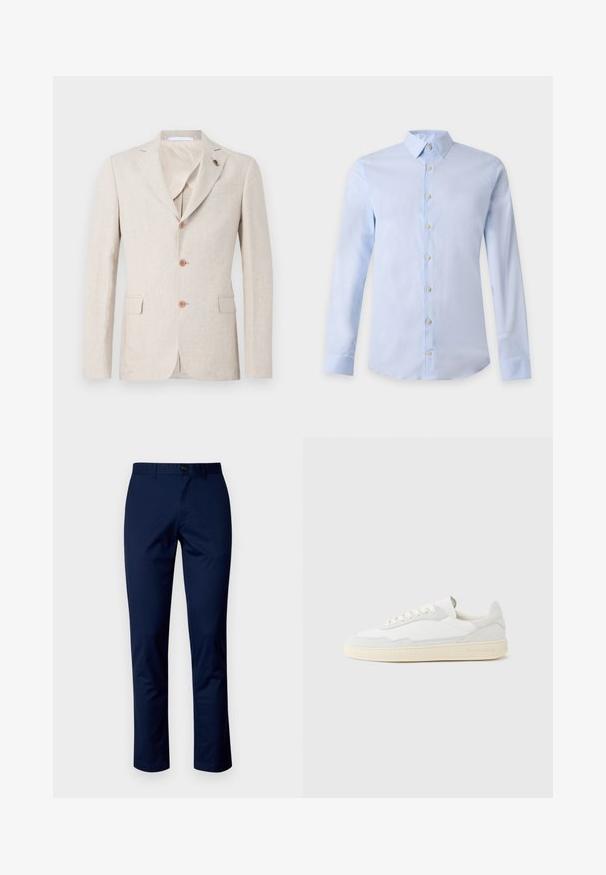 Beige linned blazer med reverskrave, tre brune knapper og to brystlommer. Indvendig foret med let stof, glat tekstur.; Lyseblå herreskjorte med lange ærmer, klassisk krave og hvide knapper foran på en ensfarvet baggrund.; Mørkeblå bomuldsbukser med et lige ben design, der har en frontknaplukning, bæltestropper og rene sømme. Glat tekstur uden mønstre.; Hvid sneakers med en øvre del i tekstureret ruskind og læder. Har rundet tå, snørelukning og kontrasterende beige gummisål.
