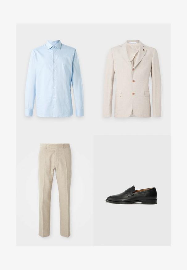 Beiger Leinenblazer mit Reverskragen, drei braunen Knöpfen und zwei Vorderaschen. Innenfutter aus leichtem Stoff, glatte Textur.; Helles blaugraues Langarmhemd aus Baumwolle. Verfügt über einen Button-Down-Kragen, eine zentrale Knopfleiste und ein dezentes Logo-Akzent auf der Brust.; Beige maßgeschneiderte Hosen aus strukturiertem Stoff, mit flacher Vorderseite, geraden Beinen und einem klassischen Bund mit Gürtelschlaufen.; Schwarze Leder-Slipper mit runder Zehenform, dezenten gestickten Details und niedrigem Absatz, ausgestattet mit glatter Textur und minimalistischem Design.