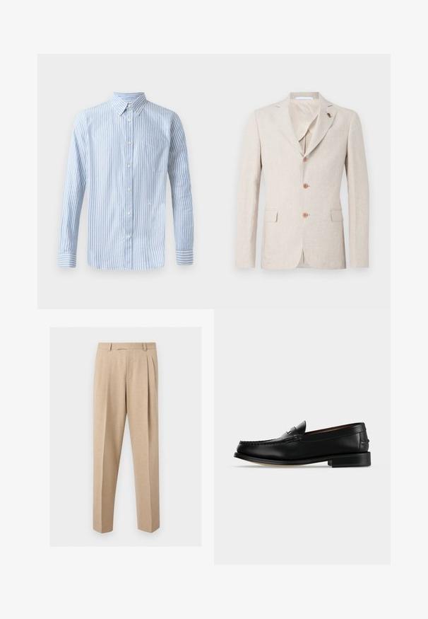 Beige linned blazer med reverskrave, tre brune knapper og to brystlommer. Indvendig foret med let stof, glat tekstur.; Lys blå skjorte med knapper og vertikale hvide striber, lange ærmer og en brystlomme. Har et lille logo på den nederste del.; Beige skræddersyede bukser med frontplisser, bæltestropper og lige ben, vist mod en ensartet lys baggrund.; Sort læder herre loafer med lav hæl og mokkasinsyning på tåen, vist fra siden på en ensfarvet baggrund.