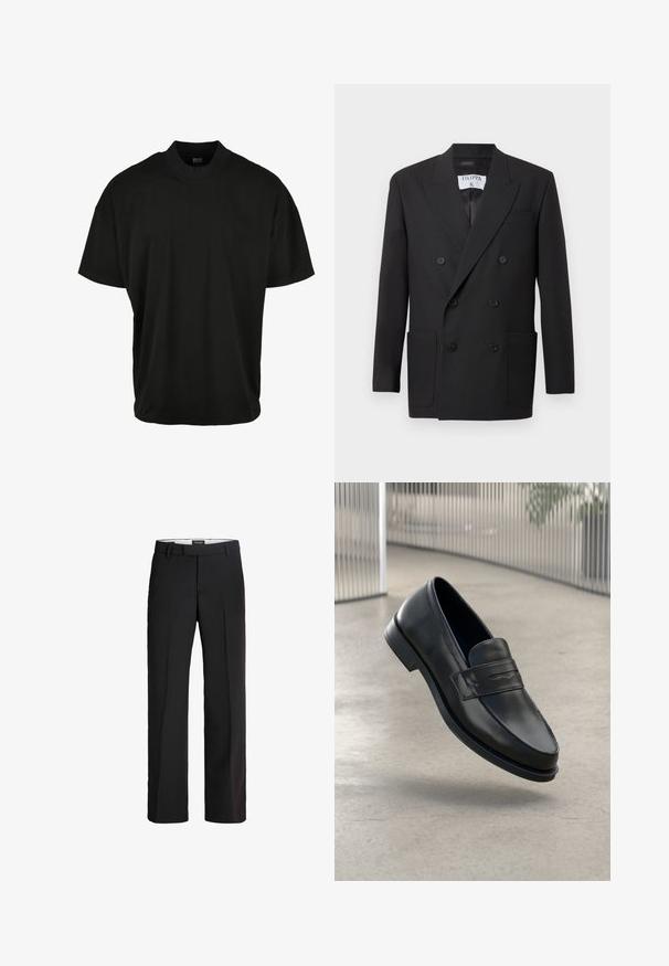 Blazer negro de doble botonadura con solapas de muesca, dos bolsillos frontales y seis botones. Hecho de una tela suave con una silueta ajustada.; Camiseta de manga corta negra con diseño de cuello redondo, hecha de tela suave, que presenta un ajuste relajado y sin patrones o acentos visibles.; Pantalones negros con corte ajustado; cuentan con un frente plano, dos bolsillos laterales y una textura suave; fabricados con un material ligero y transpirable.; Mocasín de cuero negro con textura suave, punta puntiaguda y una correa decorativa a lo largo del empeine. Suela ligera, diseño minimalista.