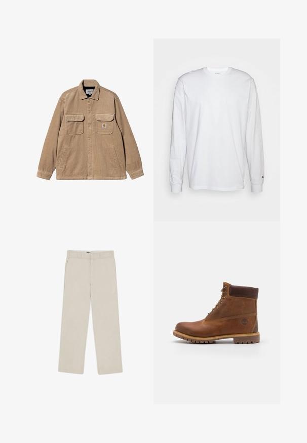 Chaqueta de pana beige con dos bolsillos en el pecho, mangas largas y cierre de botón. Presenta un parche con el logo en el bolsillo izquierdo. Textura suave.; Camiseta blanca de manga larga hecha de algodón. Diseño de cuello redondo con puños acanalados y un pequeño logo en la manga izquierda. Textura suave.; Pantalones de pierna ancha color beige con una textura suave, que cuentan con pasadores para cinturón, dos bolsillos frontales y cierre con cremallera. Diseño minimalista.; Botas de senderismo de cuero marrón con un acabado suave, tobillo acolchado, ojales de metal y suela de goma con un patrón de tracción robusto.